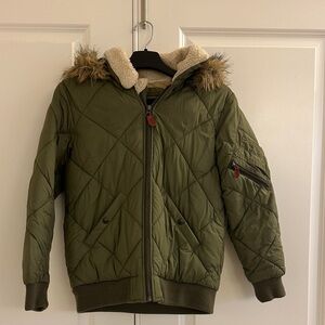 GAP Kids Olive Green Quilted Jacket with Removable Faux Fur Hood, size L (10)